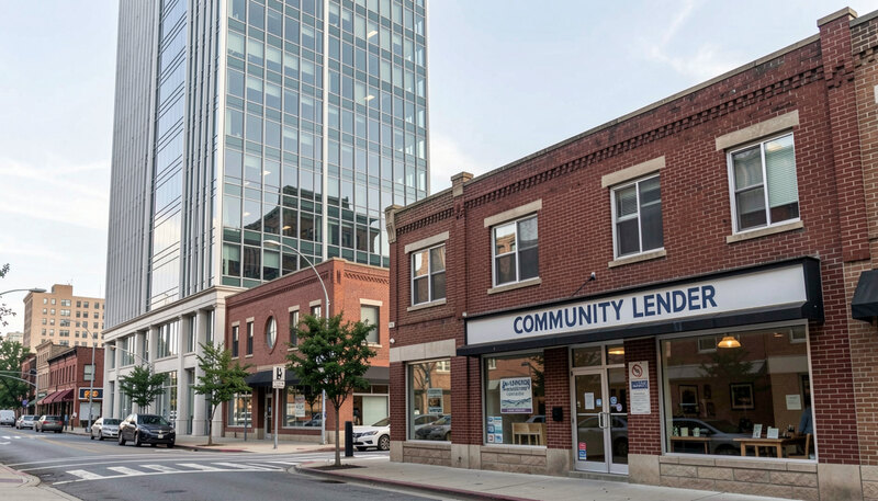 Two contrasting buildings side by side on a city street: a tall glass bank tower and a small brick community lender office.