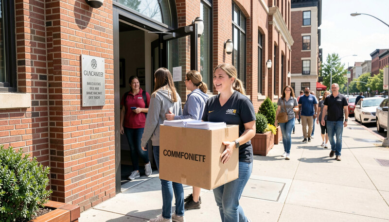 Residents and a nonprofit staff member carrying boxes of paperwork into a brick community center entrance on a bright city morning