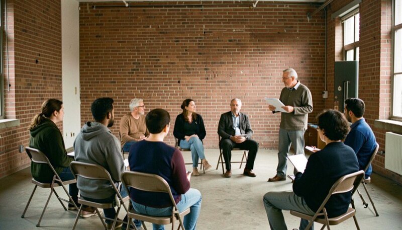 Tenants seated on folding chairs in the bare brick community room of an older apartment building, plain empty walls, listening to a lender explain a binder of loan documents in late afternoon light