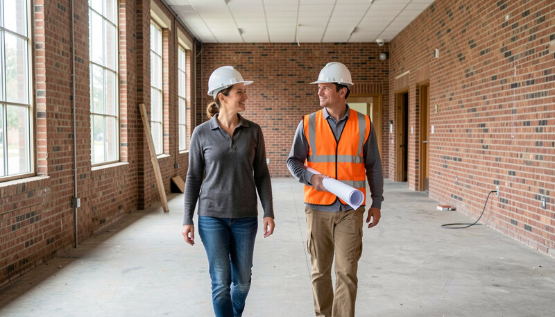 A nonprofit director and a contractor walking through the empty hall of a renovated brick community center, one holding rolled building plans, daylight from tall windows