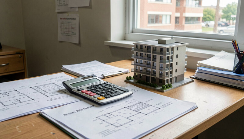 Blueprints, a calculator and a small model of an apartment building spread across a nonprofit office desk beside a window.