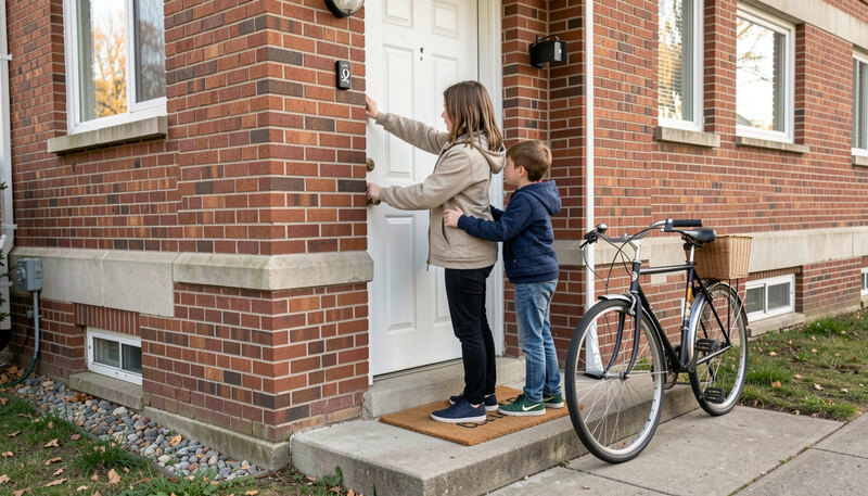 A young family unlocking the door of a small brick apartment with a welcome mat and a bicycle leaning by the steps.