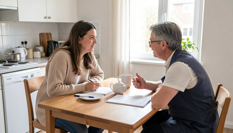 A caseworker talking with a resident at the kitchen table of a small bright apartment, paperwork and a teapot between them.